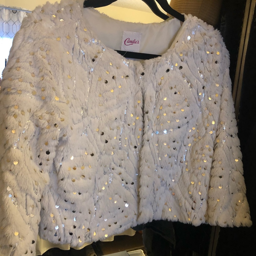 Candies Faux Fur and Sequin Cropped Jacket
